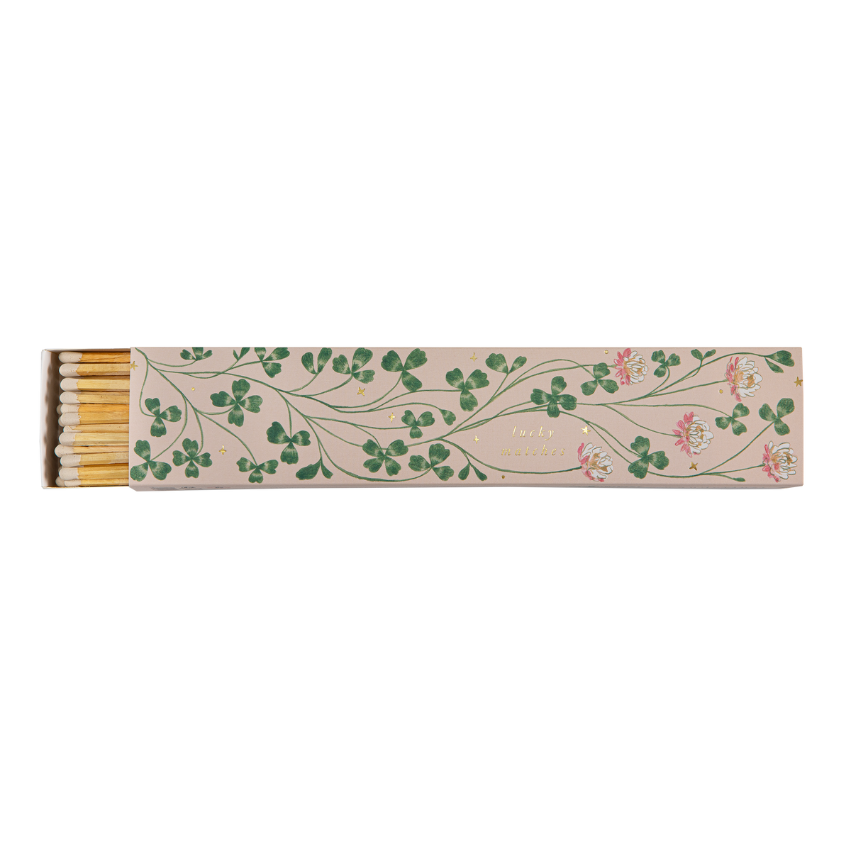 Lucky Matches decorative matchbox with clover pattern